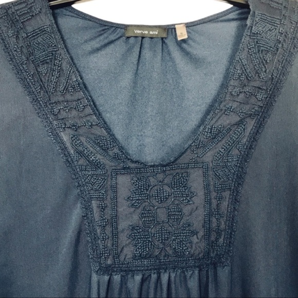 Verve Ami Navy Blue Boho Ruffle Long Sleeve Sleeve Sheer Flowy Tunic Size Medium - Picture 3 of 7